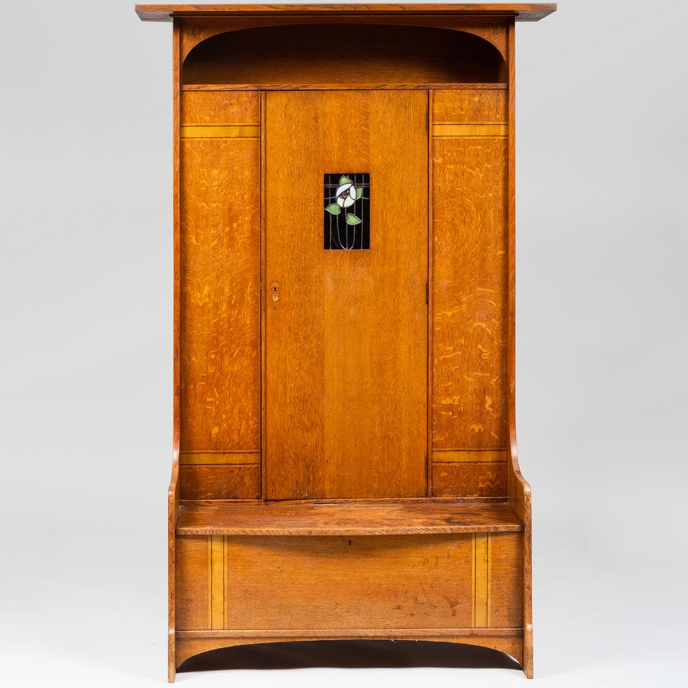 Appraisal: Scottish Arts Crafts Oak Hall Cupboard with Leaded Glass Panel