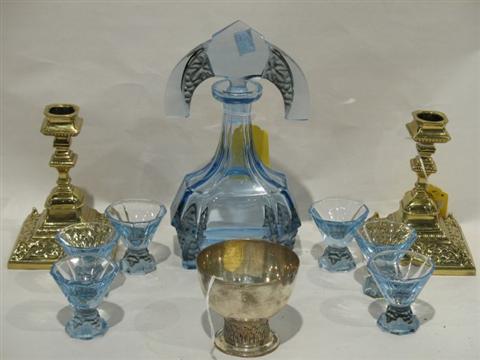 Appraisal: BRASS STICKS LALIQUE DECANTER STERLING CUP Candleholders are circa and