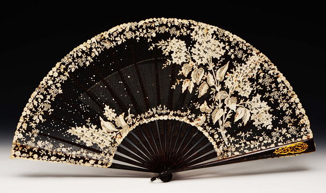 Appraisal: A LARGE TORTOISESHELL AND INLAID FRENCH FAN with lace foliate