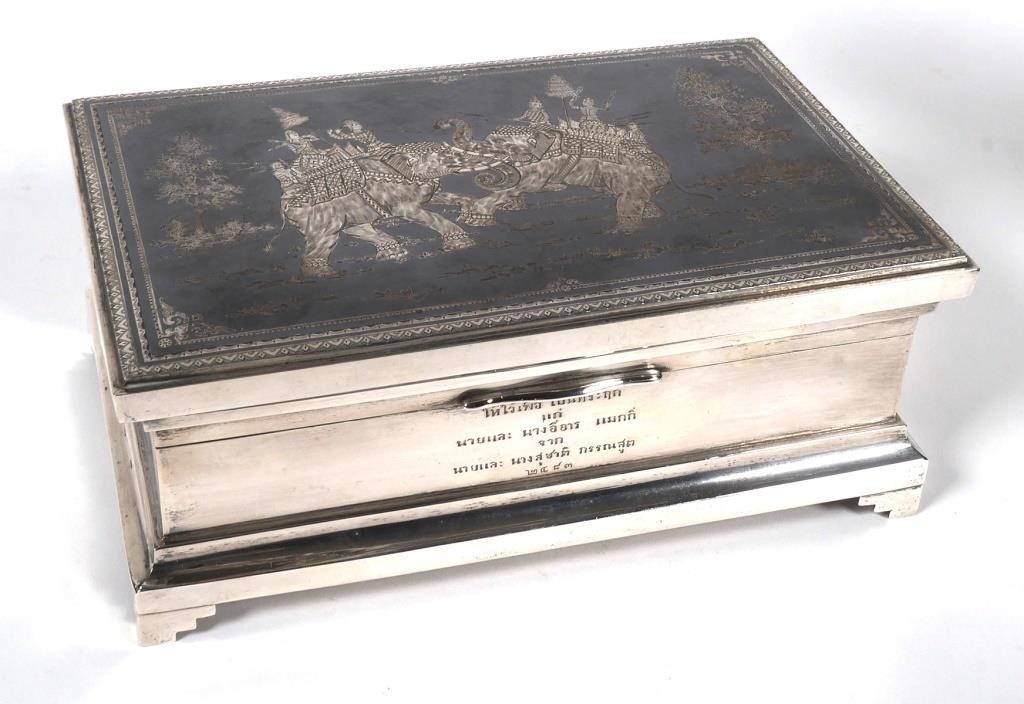 Appraisal: SIAM STERLING NIELLO TOBACCO HUMIDOR BOXVintage sterling silver Siam Thai