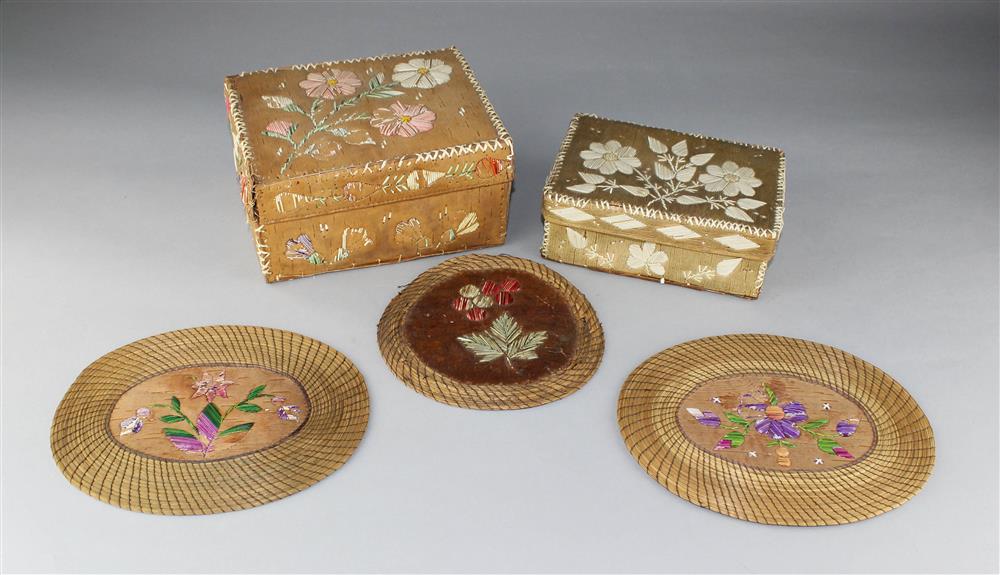 Appraisal: GREAT LAKES QUILL DECORATED BIRCH BARK BOXES AND TABLE MATS