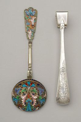 Appraisal: Russian silver tongs ladle sugar tongs with leaf decoration Cyrillic