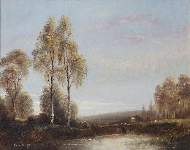 Appraisal: A SMALL DECORATIVE PAINTING of a river scene by E