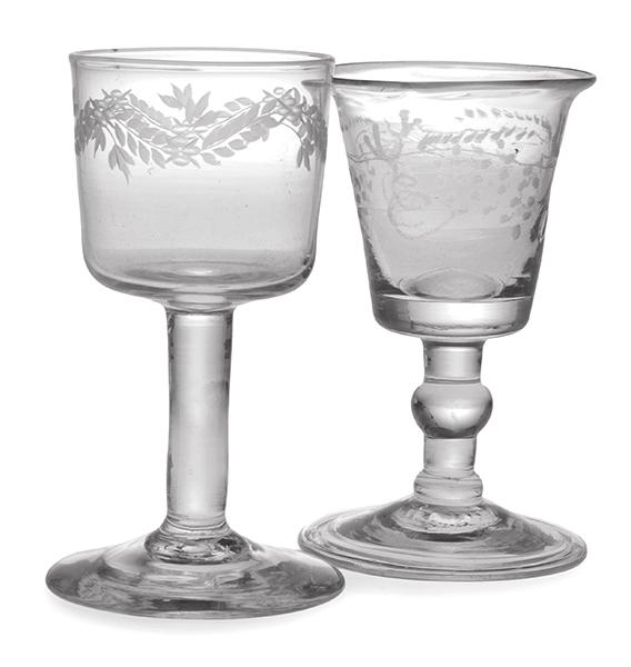 Appraisal: TWO ENGLISH ETCHED GLASSES MID TH CENTURY including a small