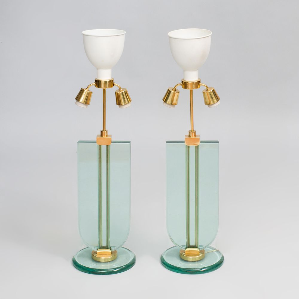 Appraisal: Pair of Brass-Mounted Glass Lamps in the Manner of Fontana