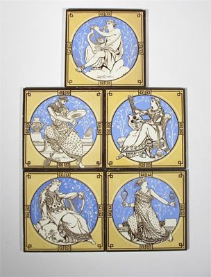 Appraisal: Classical Figures with Musical Instruments' five large Minton tiles designed