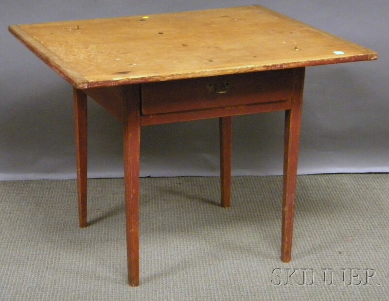 Appraisal: Red-painted Maple Tavern Table with Drawer stretcher base ht lg