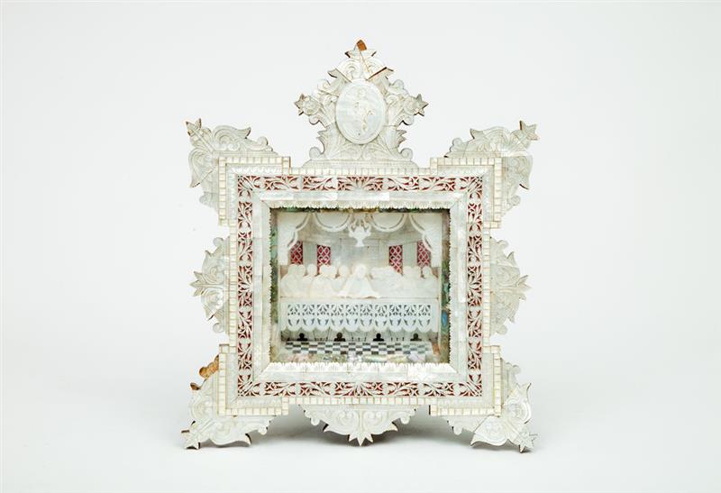 Appraisal: Continental Mother-of-Pearl-Inlaid Shadow Box Frame Enclosing a Depiction of The