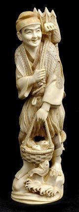 Appraisal: JAPANESE CARVED IVORY OKIMONO Of a skirted fisherman with back