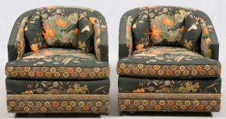 Appraisal: HENREDON UPHOLSTERED BARREL BACK ARM CHAIRS PAIR HENREDON UPHOLSTERED BARREL