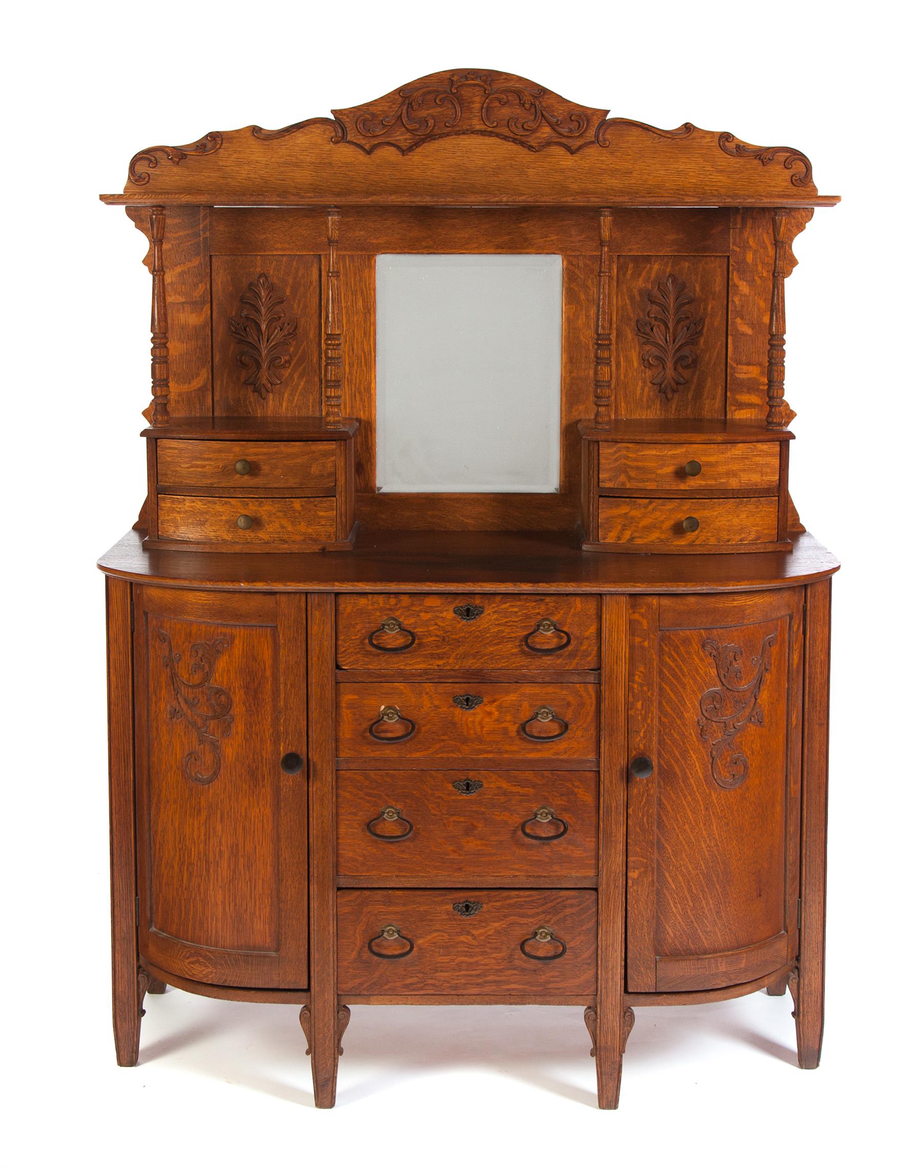 Appraisal: OAK SIDEBOARD WITH HIGH BACK AND MIRROR American ca Etagere-top