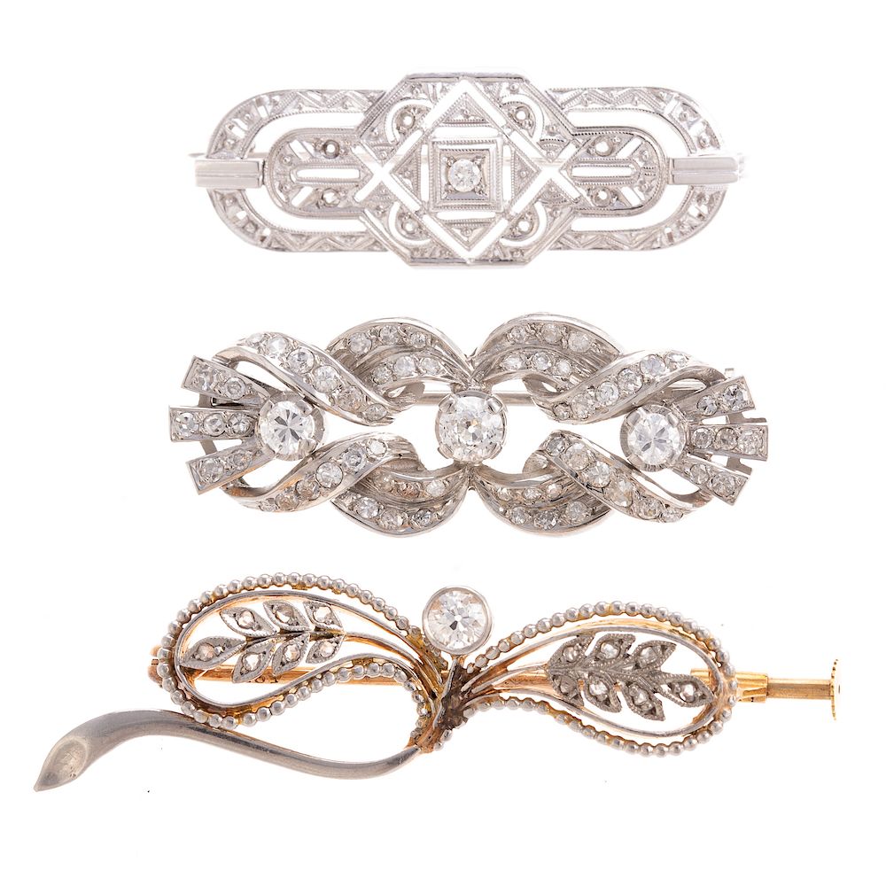 Appraisal: A Trio of Ladies Diamond Pins in Platinum K Platinum