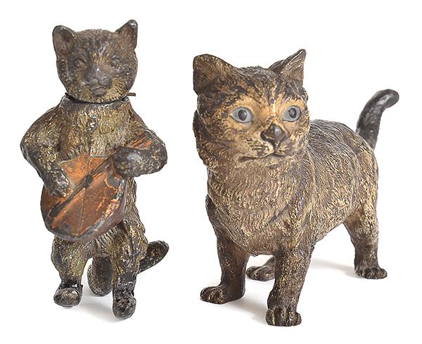 Appraisal: TWO COLD PAINTED BRONZE FIGURES OF CATS including one with