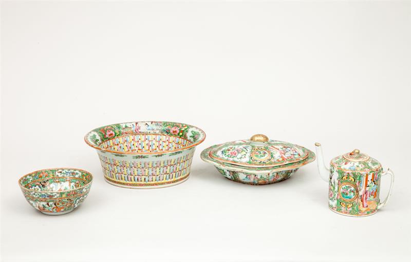 Appraisal: Four Chinese Export Rose Medallion Porcelain Articles Comprising a reticulated