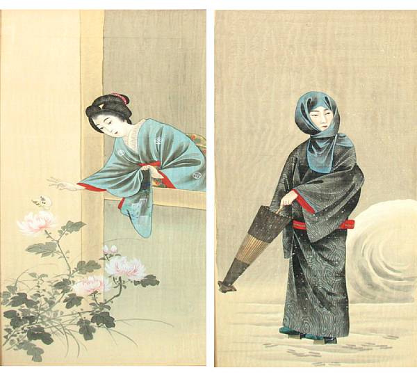 Appraisal: Three Japanese paintings of beauties on silk height in width