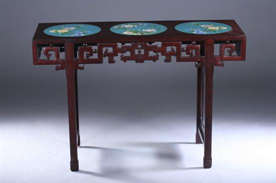 Appraisal: CHINESE WOOD ALTAR TABLE WITH CLOISONN ENAMEL INSET Rectangular top