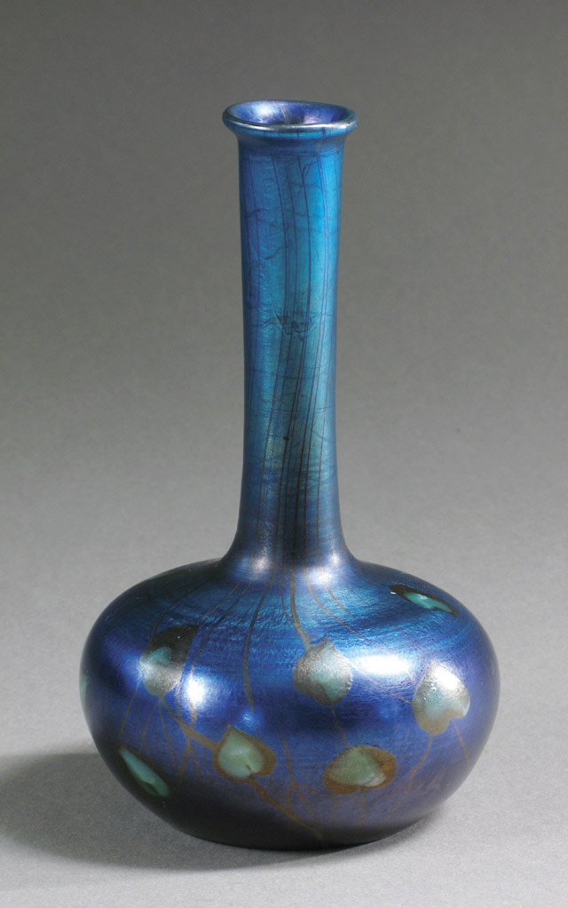 Appraisal: LOUIS COMFORT TIFFANY ART GLASS BUD VASE Peacock blue iridescent