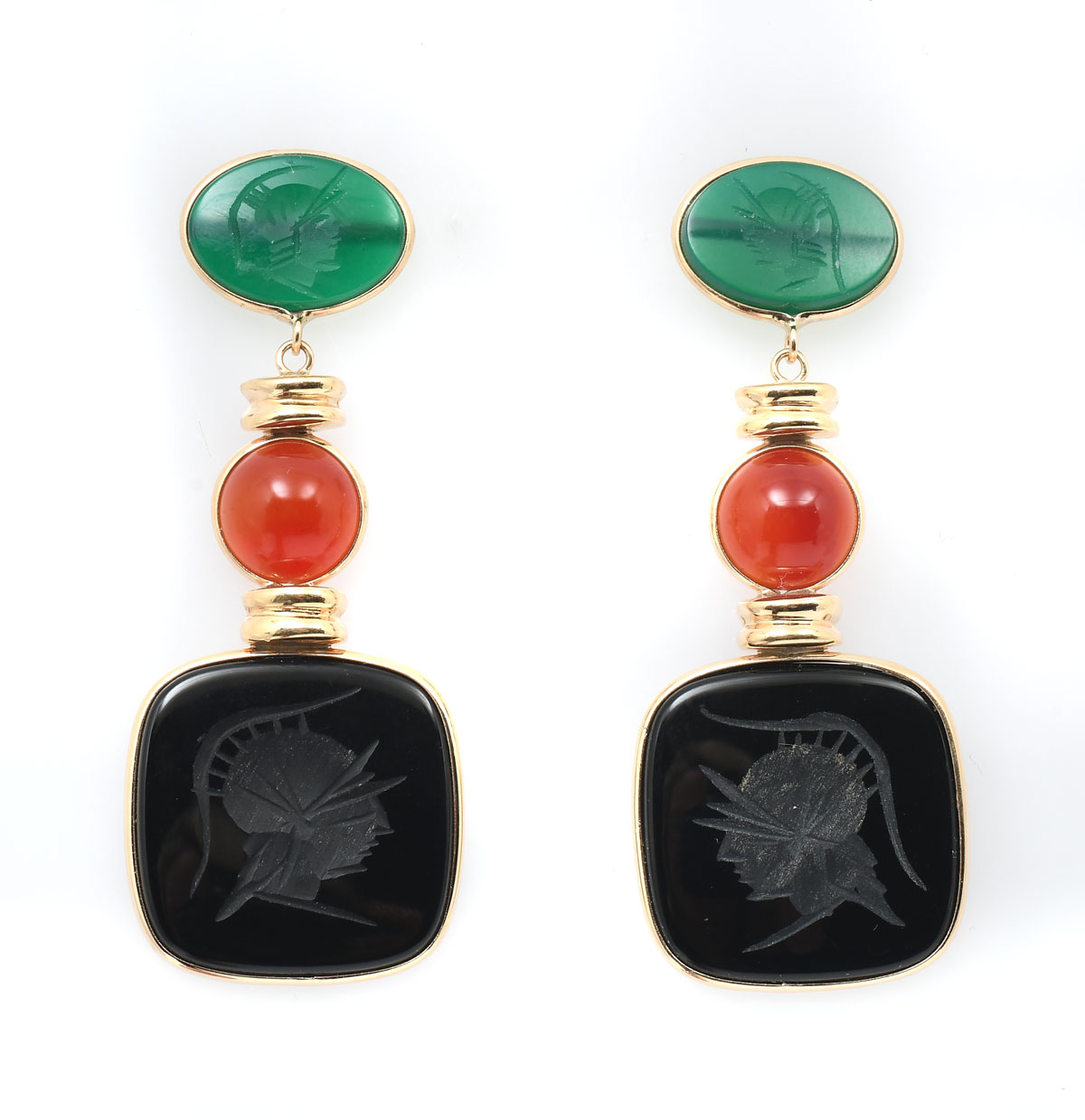 Appraisal: K ONYX CHALCEDONY CARNELIAN EAR DROPS Roman inspired intaglio carved