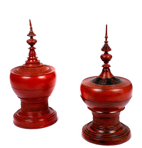 Appraisal: A set of four Asian red lacquered covered urns height