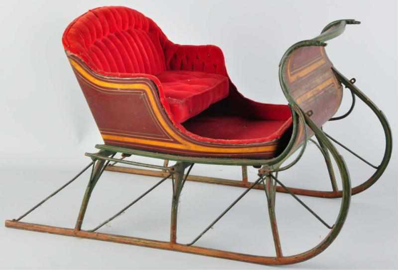 Appraisal: Wooden Child's Sleigh with Red Velvet Circa Dog's head front