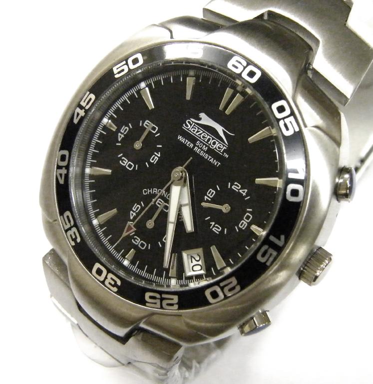 Appraisal: Slazenger triple dial chronograph stainless steel quartz gents wristwatch new