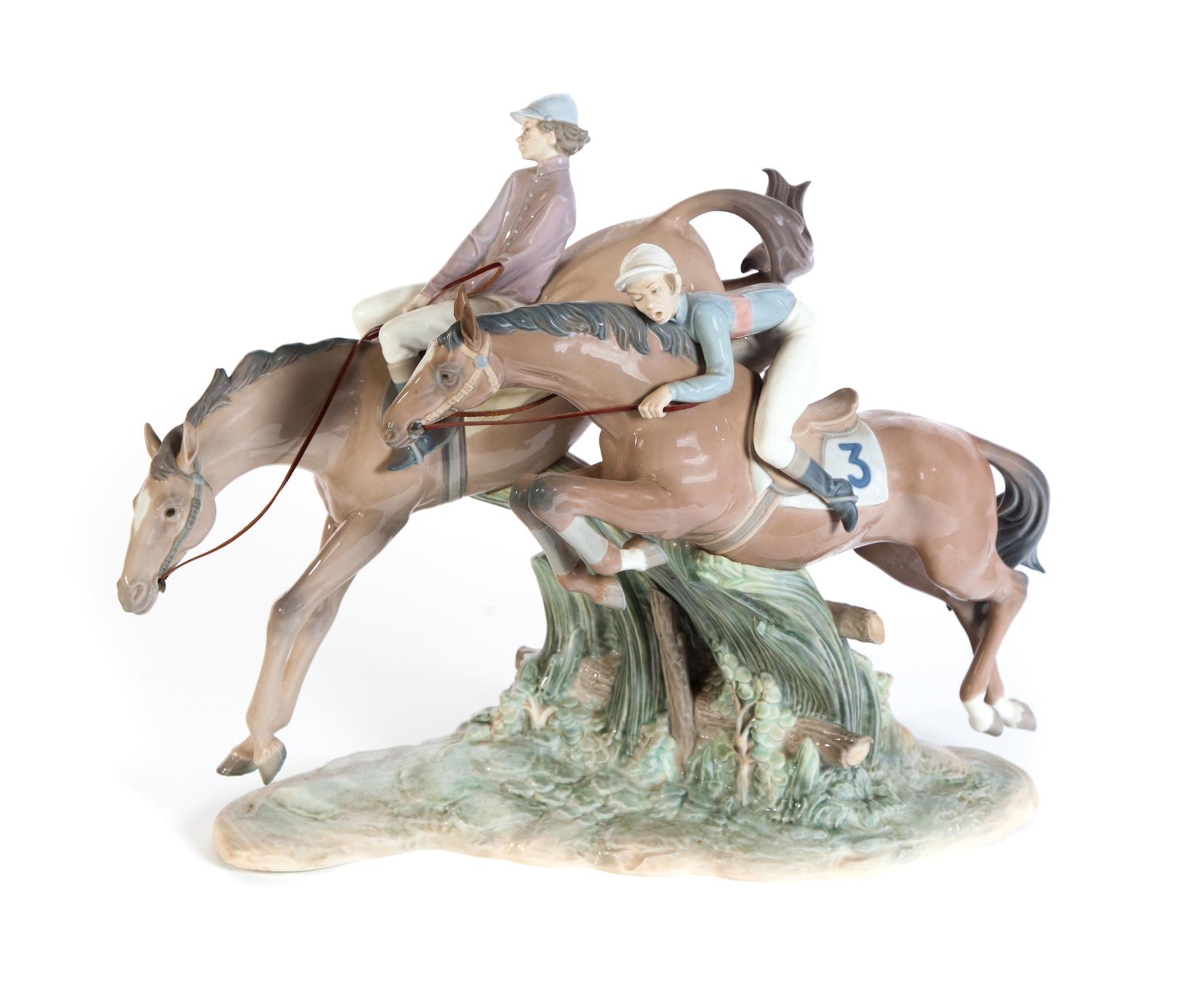 Appraisal: LLADRO FIGURAL GROUP OF TWO JOCKEYS RACING THEIR HORSES Spain