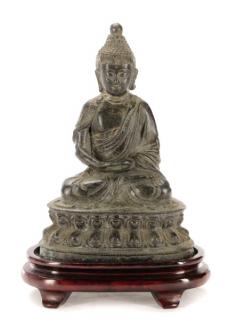 Appraisal: Chinese Bronze Buddha on Stand Inscribed Chinese Sino-Tibetan style cast