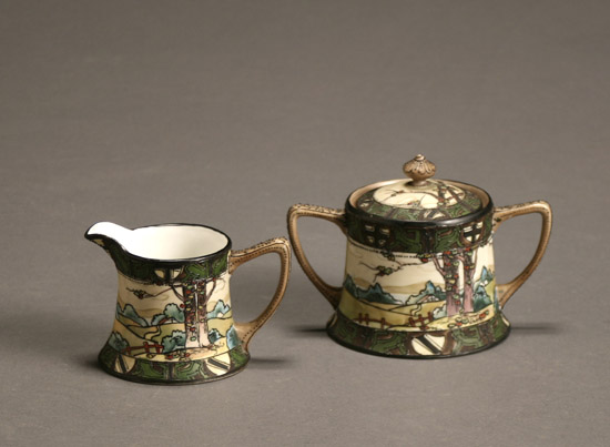 Appraisal: Nippon Woodland Scene Creamer and Sugar Bowl Blue Printed Maple