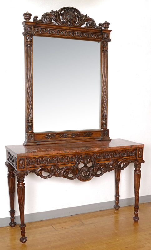 Appraisal: MARBLE TOP CARVED HALL TABLE AND MIRROR Mirror with carved