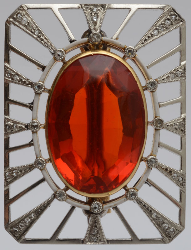 Appraisal: EDWARDIAN PLATINUM GOLD DIAMOND AND FIRE OPAL PIN Rectangular frame