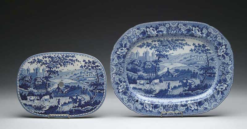 Appraisal: FABULOUS BLUE AND WHITE STAFFORDSHIRE SCENIC PLATTER AND STRAINER BY