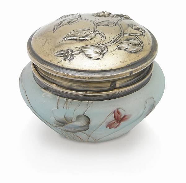 Appraisal: A Daum Nancy enameled glass and silver circular box circa