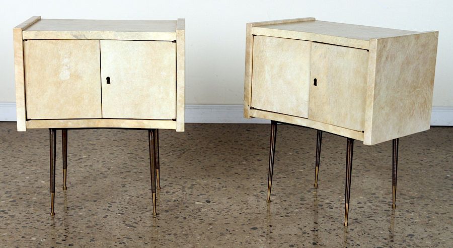 Appraisal: DIMINUTIVE PAIR PARCHMENT SIDE TABLES C A diminutive pair of