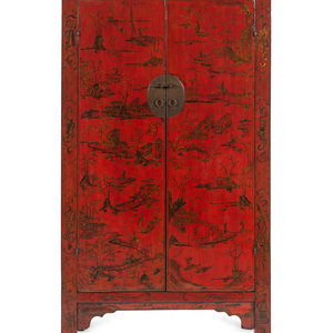 Appraisal: A Chinese Export Red Lacquer Cabinet th Century Height x