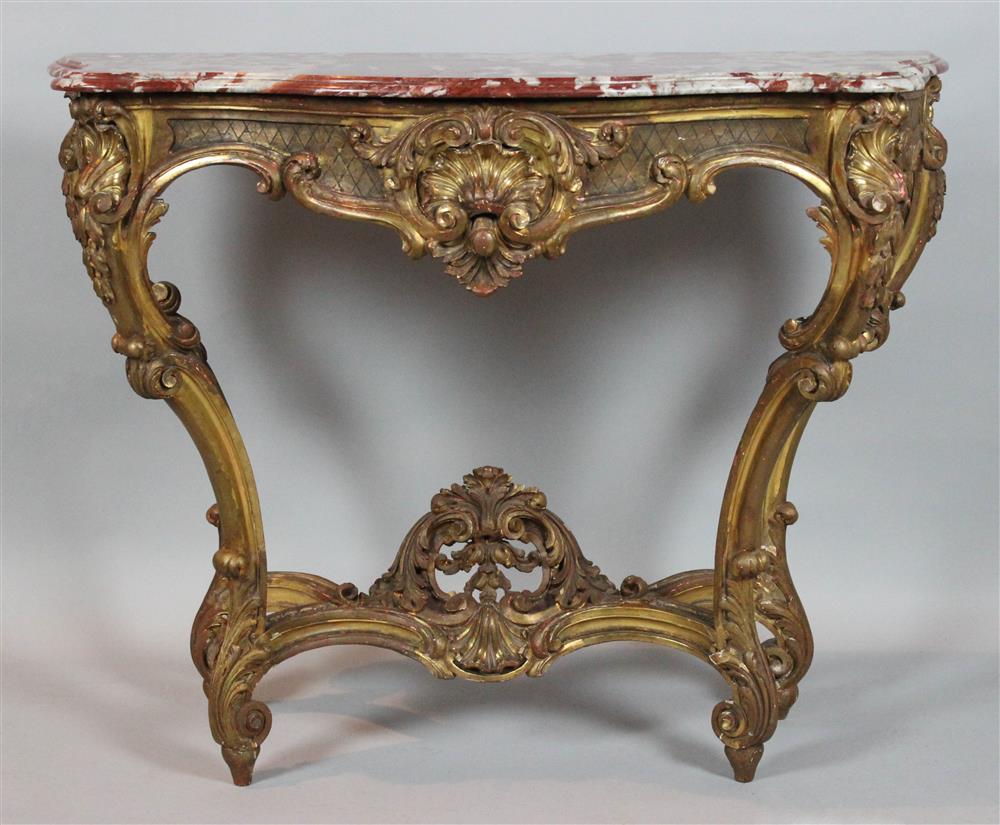 Appraisal: LOUIS XV STYLE CARVED GILTWOOD MARBLE TOP CONSOLE TABLE TH