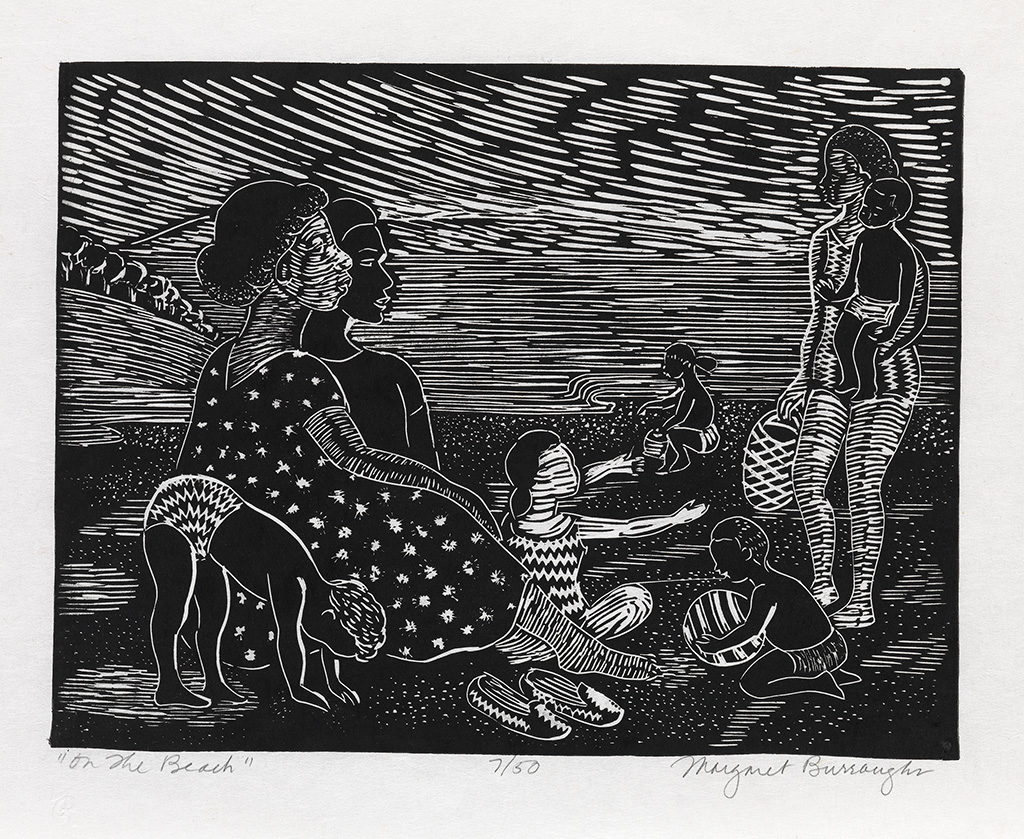 Appraisal: MARGARET BURROUGHS - On the Beach Linoleum cut on imitation