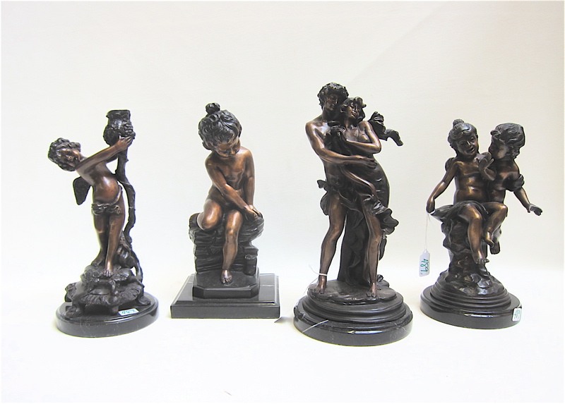 Appraisal: FOUR FIGURAL CAST BRONZE SCULPTURES of partially clad children embracing