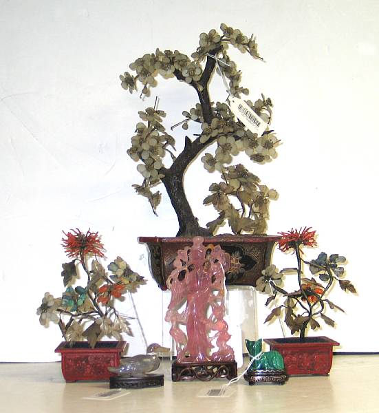 Appraisal: Seventeen hardstone decorations Including five potted hardstone trees and plants