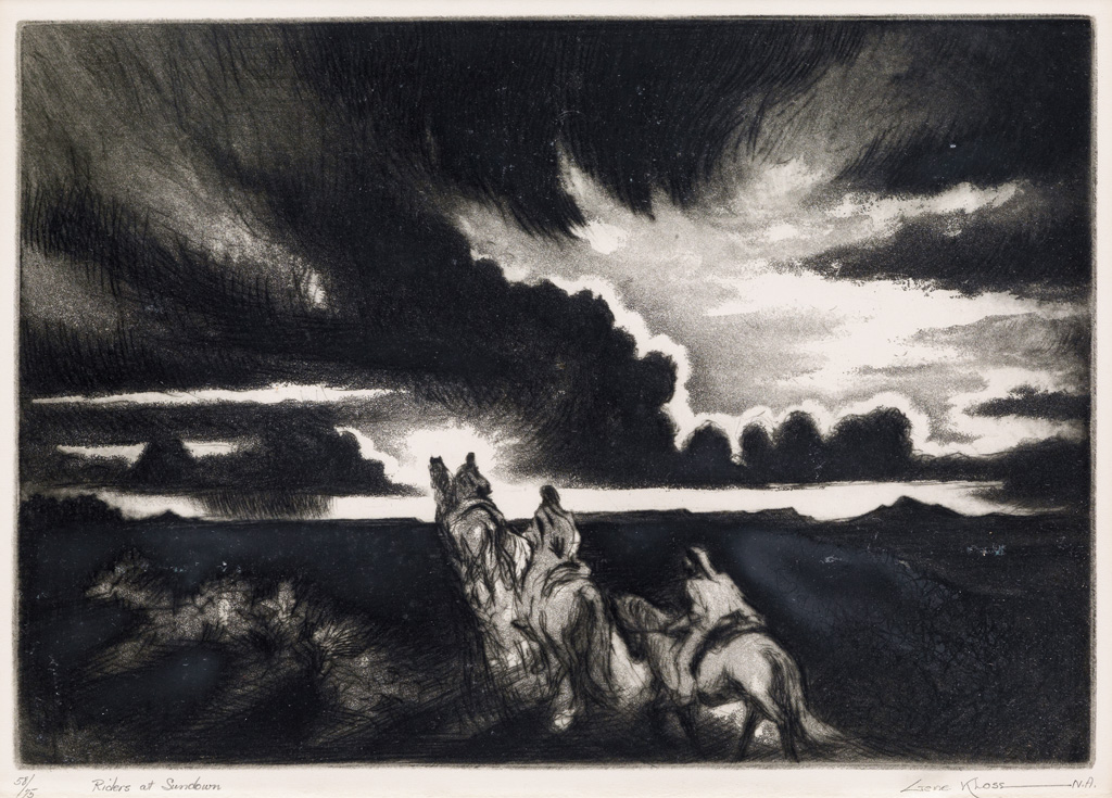 Appraisal: GENE KLOSS Riders at Sundown Drypoint and aquatint x mm