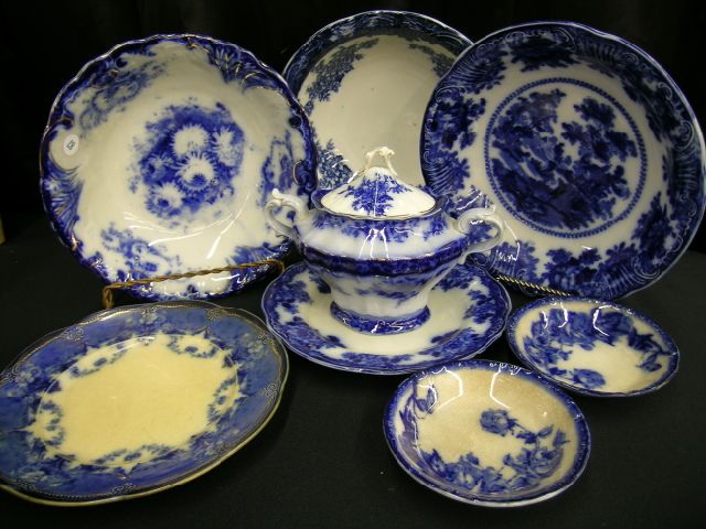 Appraisal: Group of antique flow blue porcelain including three deep bowls