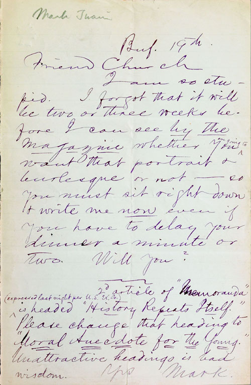 Appraisal: Samuel Langhorne Clemens handwritten and signed letter to William Church