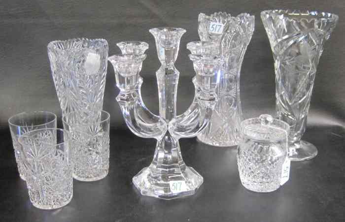 Appraisal: EIGHT PIECES ASSORTED GLASS TABLEWARE cut glass vases '' and