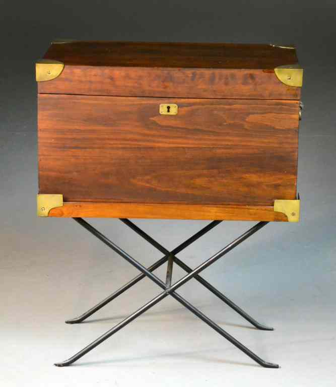 Appraisal: Chinese Wooden Lapdesk and StandBrass-cornered wooden cabinet raised on folding