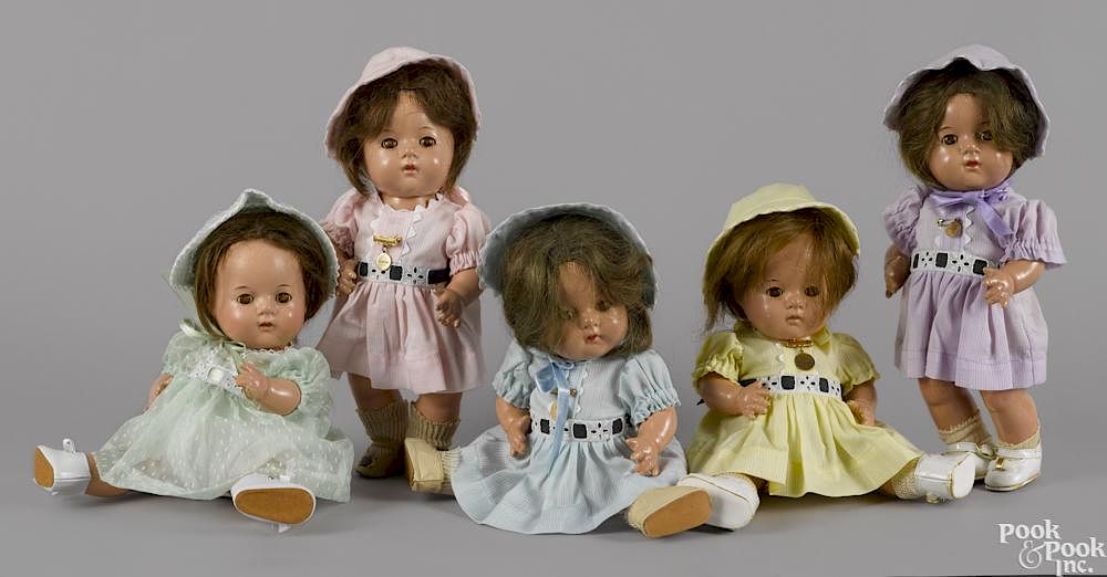 Appraisal: Five Madame Alexander composition Dionne Quintuplets dolls with sleep eyes