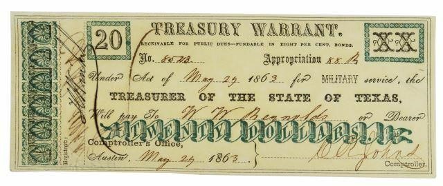 Appraisal: Civil War era Texas Treasury Warrant for Military Service in