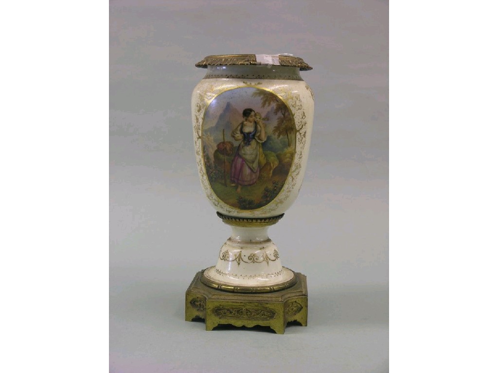 Appraisal: A Victorian ormolu-mounted opaque white glass vase painted with a