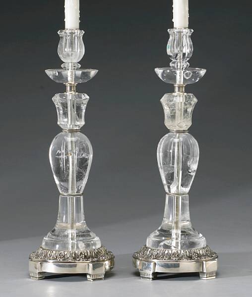 Appraisal: A pair of Neoclassical style rock crystal and silvered bronze