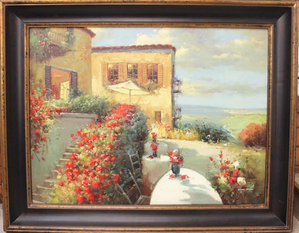 Appraisal: ITALIAN GARDEN LARGE OIL ON CANVAS harbor in the background