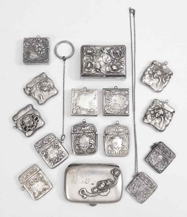 Appraisal: COLLECTION OF ART NOUVEAU STERLING STAMP CASES total pieces to