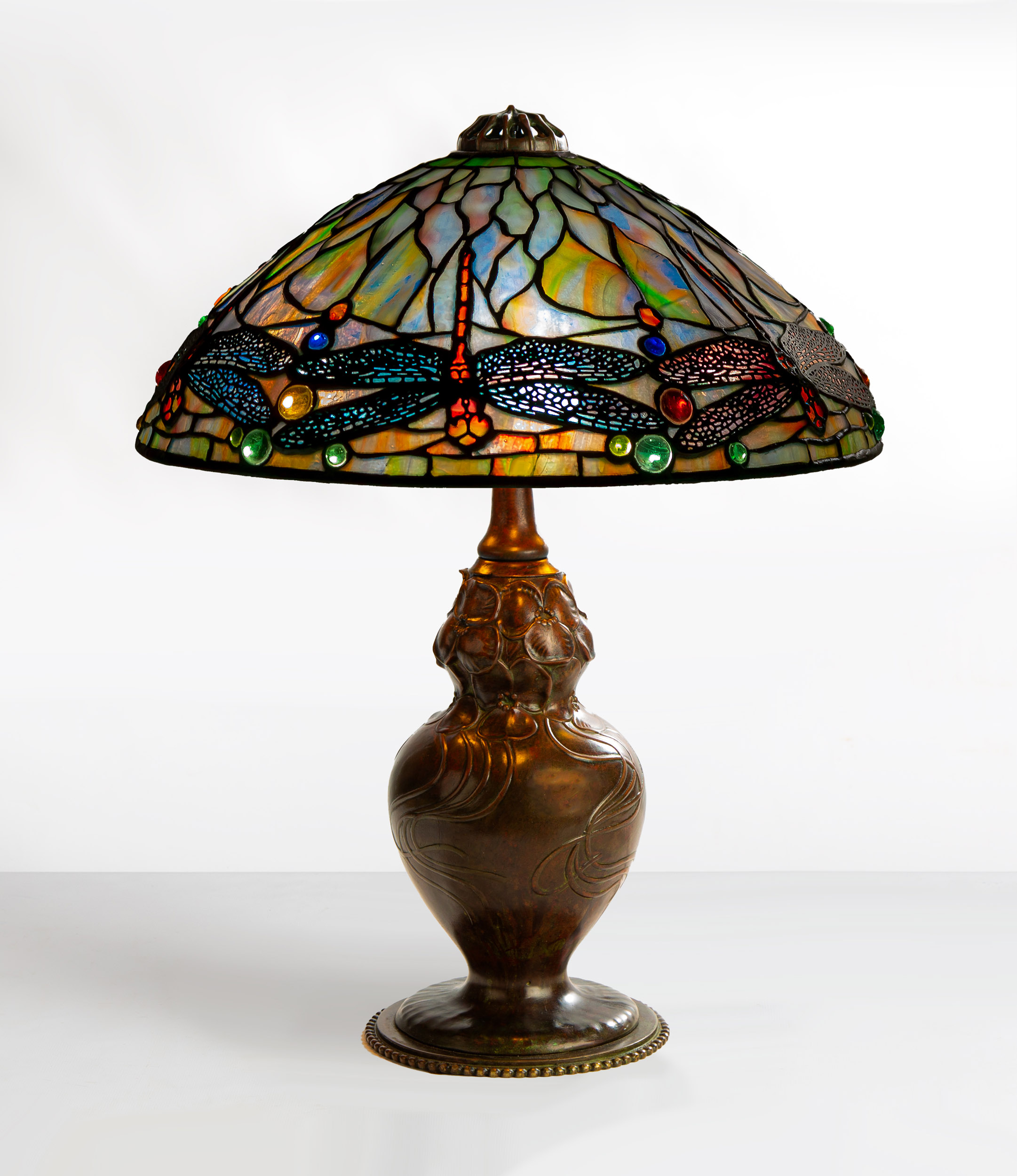 Appraisal: TIFFANY STUDIOS NEW YORK JEWELED DRAGONFLY TABLE LAMP circa leaded